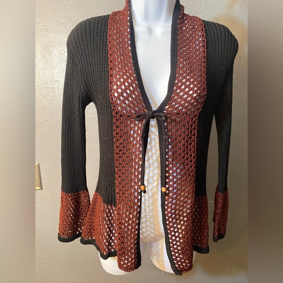 SAPPHIRE Black and Rust Long Sleeve Tie Front Bell Sleeve Cardigan - Picture 1 of 16